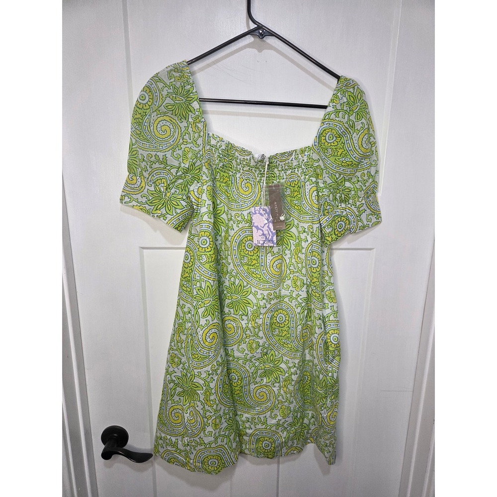 SZ Blockprints J.Crew Lime Green Paisley Smocked Mini Dress BQ857 Small NWT